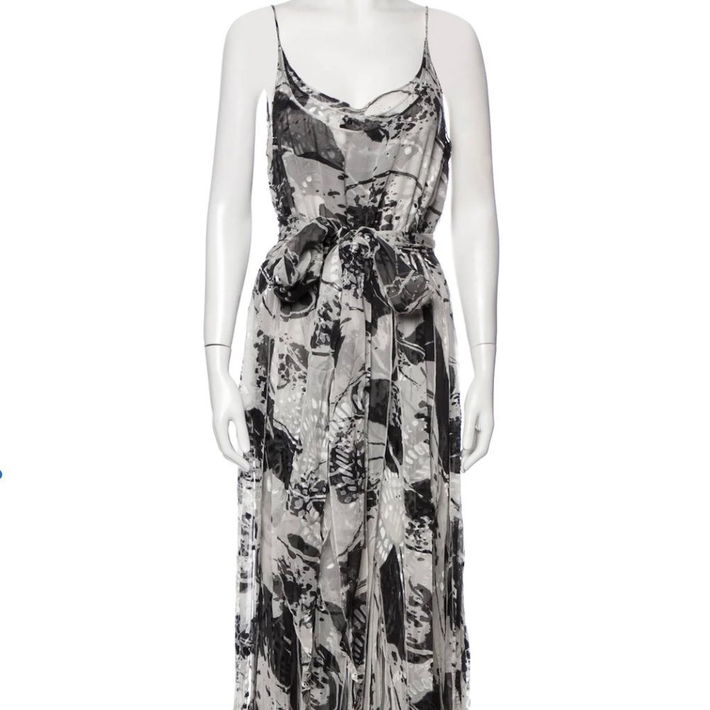Rachel Zoe Black and White Gray Print Silk Gown Long Dress Size L